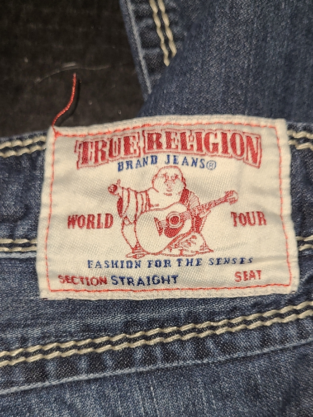 True Religion Dark Blue Straight Leg Jeans with Red Pocket Stitching - Picture 5 of 16